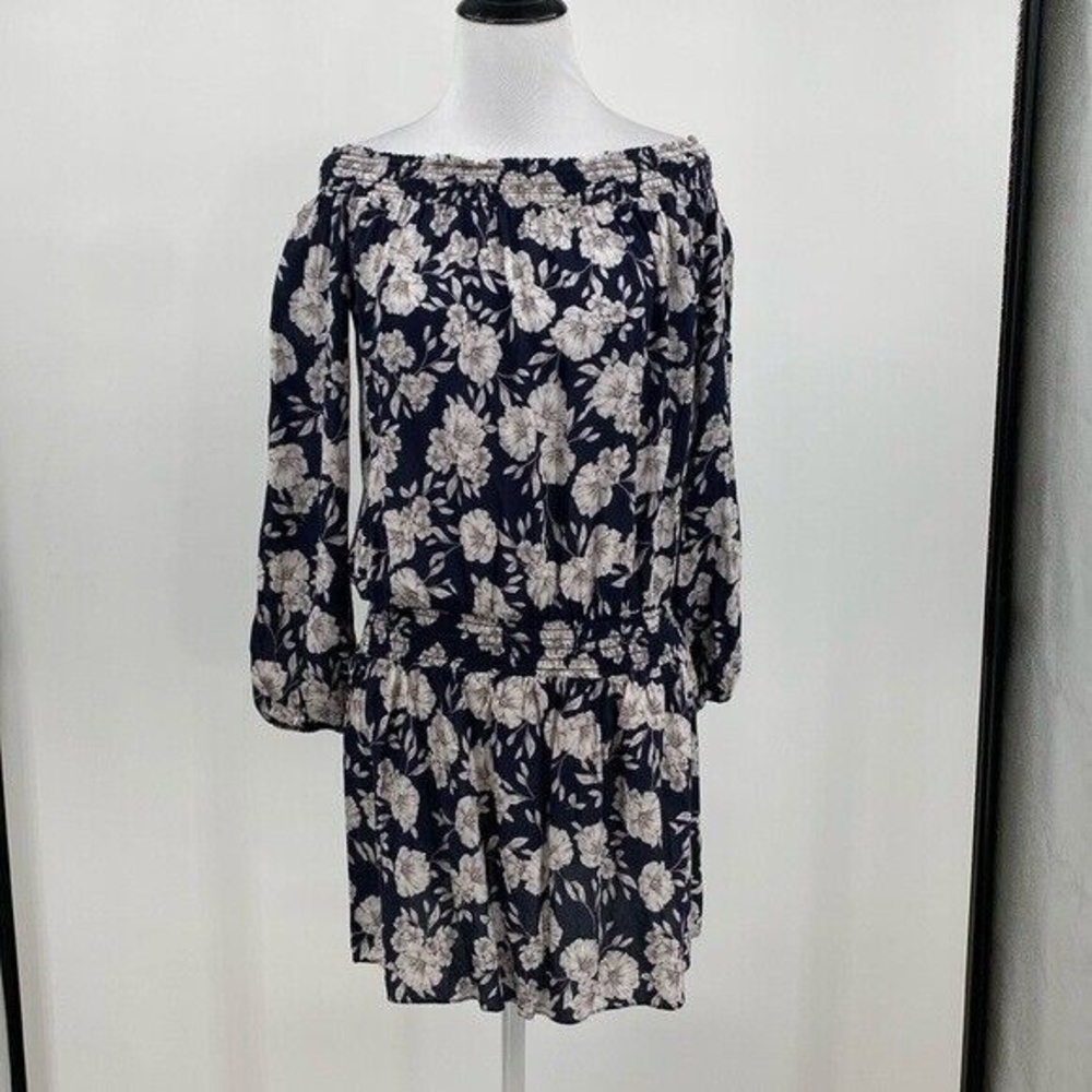 Intermix Off The Shoulder Dress Womens Size Small White Blue Floral Smocked Mini
